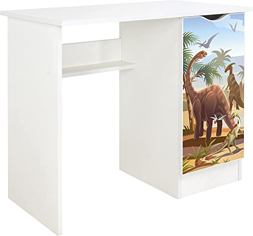 Leomark Roma Kinderschreibtisch Weiß, Regal, Stauraum, Kinder-Computertisch | Roma/Maße: 90/50/77 cm, Weiß/Dino, 77 cm hoch, für Kinder oder Jugendliche, Breite: 50 cm, Gewicht: 29,5 kg