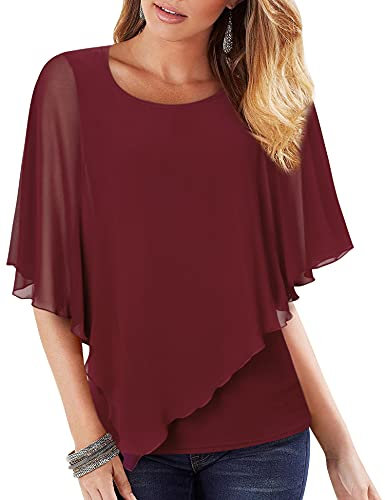 Vafoly Damen Chiffon Lose Fledermaus Kurz Flatter ärmel Bluse Oberteile Mode 2022 Arbeit Lässige Doppellagig Leicht Poncho Cape Schal Damen Swing Lose Tunika Shirt Weinrot XXL