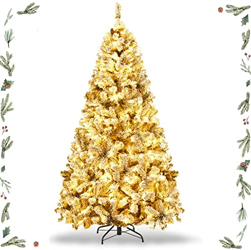 GYMAX Albero di Natale Automatico Innevato 230 cm, 450 LED Incorporate, Luce Calda Bianca, 1010 Rami Folti in PVC, Base Pieghevole in Ferro, Cerniera Automatica, Divisibile da Montaggio/Trasporto