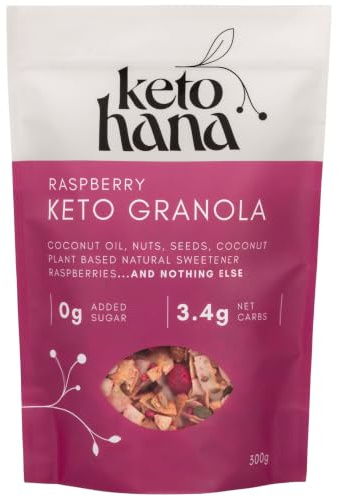 Keto Hana Raspberry Breakfast, Snacking Granola, Just 2g Net Carbs, High Protein, Healthy Keto Diet Granola (Four 300g/0.6lbs Bags)