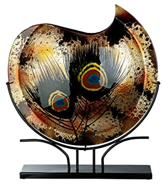 GILDE GLAS art Design Deko Vase auf Metall Ständer - Glas mit Federn - Dekoration Wohnzimmer - Geschenk für Frauen Weihnachten Geburtstag - Farbe: Braun Gold Schwarz - Höhe 37 cm