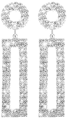 Silber Strass Lange Tropfen Ohrringe - Rechteckiger Anhänger mit Runden Nieten - Modeschmuck für Prom, Party & Hochzeit