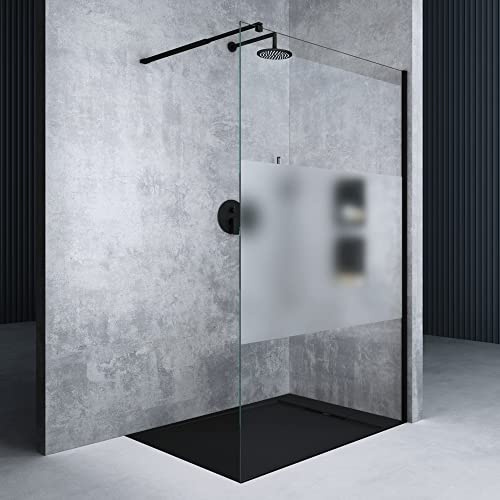 Mai & Mai Box Doccia Walk-In 110x200cm, Parete Doccia in Vetro Parzialmente Smerigliato 10mm Vetro di Sicurezza ESG con Rivestimento Nano Profilo Parete Nero MMBR3