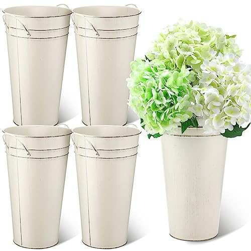 Irenare 12 Inch Vintage Galvanized Flower Bucket Metal Flower Vase Farmhouse French Bucket Planter Metal Floral Container for Party Table Centerpiece Weddings Home(White,4 Pcs)
