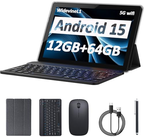 Tableta Android 15 de 10 pulgadas, 12 GB de RAM+64 GB de ROM + 1 TB ampliable, tabletas 2 en 1 con teclado/funda/ratón/lápiz, procesador de cuatro núcleos de 1.8 GHz, cámara de 8 MP, tableta de