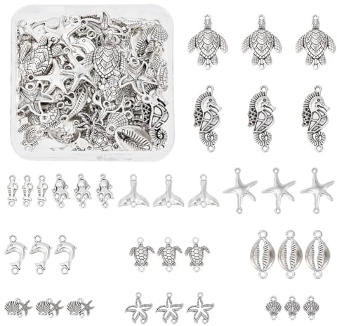 SUNNYCLUE 1 Box 84 Stück 14 Stile Ozean Charms Meerestier Charm Verbindungs Anhänger Sommer Hawaii Blatt Verbindungs Charme Für Die Schmuckherstellung Charme Anhänger Für Erwachsene DIY Halskette
