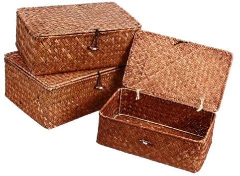 VICASKY 3pcs Woven Storage Baskets with Lid Seagrass Sundry Organizer Rustic Decorative Storage Box for Living Room Dustproof and Portable