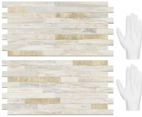 STICKGOO 20 Sheets Peel and Stick Backsplash Tile, Stick on Backsplash for Kitchen and Bathroom, Sunny Beige Look PVC Mixed Metal Gold Self Adhesive Wall Tiles