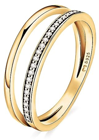 Anillos de mujer en plata de ley doble aro fino, con circonitas a un lado. Anillo plata mujer con acabado plateado o dorado. Joyería ideal para parejas, regalo para madres. (Baño en oro, 5)