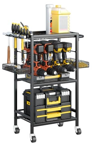 HUSFITLY Power Tool Organizer Cart, Garage Tool Shelf Drill Holders Garage Storage Organization Shelves with Wheels Screwdriver Heavy Duty Rack for Workshop Tool Room and Outdoors Working