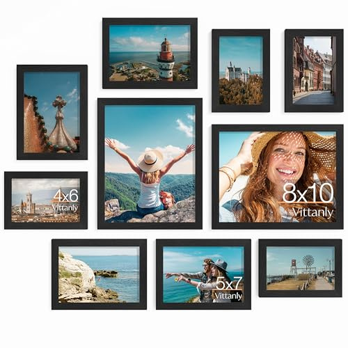 Vittanly 10 Pack Picture Frames Collage Wall Decor, Gallery Wall Frame Set for Wall or Tabletop Display, Engineered Wood and Shatter-resistant Plexiglass, Multi Sizes with 8x10, 5x7, 4x6 Frames, Black