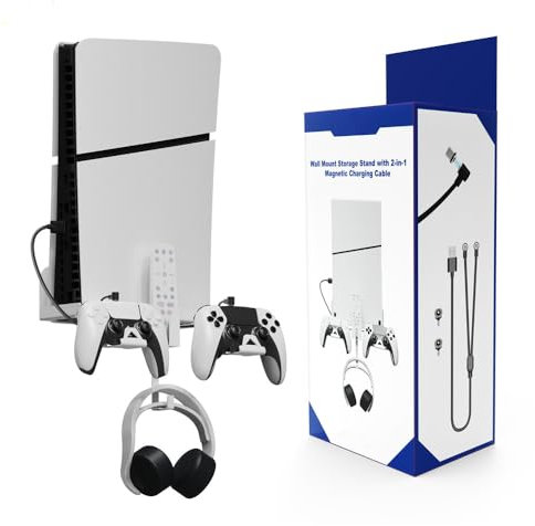 THLMT Wandhalterung kompatibel für PS5 Slim Digital/Disc Version, Gaming Controller Stand Regal mit 2-in-1 Magnetische Ladekabel Game Headset Ladegerät Cradle Halter Aufhänger Kühlung Lagerung Stand