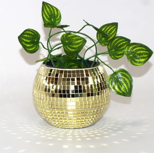 Goldfarbene Discokugel-Pflanzgefäß, Mosaikglas, Spiegelkugelvase, 7,6 x 10,2 x 10,2
