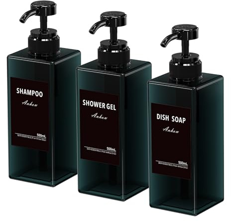 Anhow 3er Seifenspender Kunststoff, 500ml PETG Seifenspender mit 16pcs Kategorie Etiketten für Küche und Badezimmer Dusche/Küche/Badezimmer - Blau/ 500ml