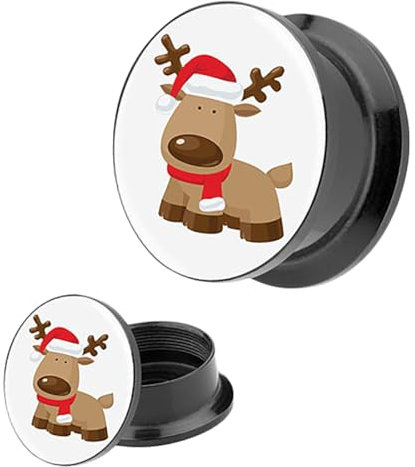 Piersando Ohr Plug Flesh Tunnel Piercing Ohrpiercing Picture Motiv Rentier mit Weihnachtsmütze 20mm