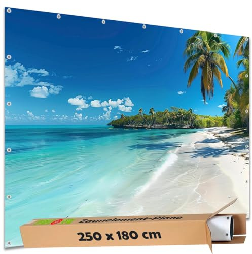 TRIOSK Sichtschutz Garten Deko Zaun Plane Blickdicht groß mit Zaunblende Motiv Strand Südsee Paradies Meer für Zaunelement Doppelstabmatten Stabmattenzaun Gartenzaun PVC 250x180 cm