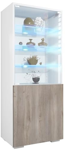 Vitrine Granada, Made in Germany, Vitrinenschrank mit Glastür und Glaseinsatz inkl. LED, Weiß matt/Eiche Nordic (50 x 122,5 x 34,5 cm)