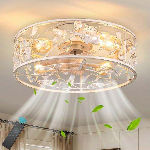 Deckenventilator mit Beleuchtung und Fernbedienung Leise 50CM Retro Kristall Ventilatorlampe E27 Vintage Eisenkäfig Ventilator Deckenlampe für Schlafzimmer Wohnzimmer Küche Loft Fan Kronleuchter