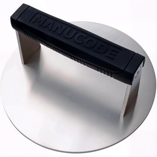 Manucode Stainless Steel Burger Smasher 3.25 LB – 8 Inch Steak Weight for Smash Burgers, Bacon, Sandwiches | Dishwasher Safe, Preheatable Protein Press with Silicone Handle | Commercial BBQ Tool