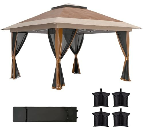 Outsunny 3.6 x 3.6m Pop Up Gazebo with Mesh Sides, UPF50+ Height Adjustable Party Tent Instant Event Shelter with Wheeled Carry Bag and Sand Bags for Garden, Patio, Brown