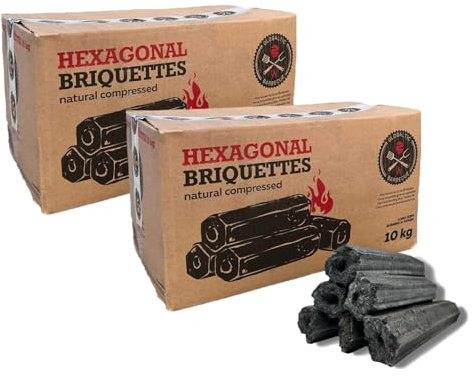 10kg Boxes Premium Sumi Bincho Charcoal Restaurant Barbecuing Briquettes - Naturally Compressed & Odourless - Long Burn Hexagonal Binchotan Logs - For Konro BBQ Cooking Grills - 2 x 10kg Boxes