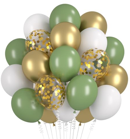Luftballons Grün Gold, 60 Stück Salbeigrün Metallic Gold Luftballon Set, Retro Olive Grün Gold Ballons, Weiß Helium Ballon für Jubiläum Geburtstag Hochzeit Babyparty Tropische Safari Party Deko