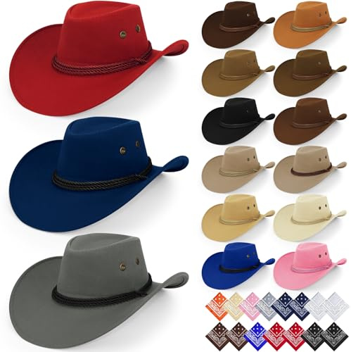 YFNVH 30 Stk Cowboyhut Set für Damen Herren, Western Cowboyhüten mit Kordel in 5 Farben & 15 Bandanas Cowgirl Kostüm Accessories für Karneval, Mottoparty, Wanderpicknick, JGA