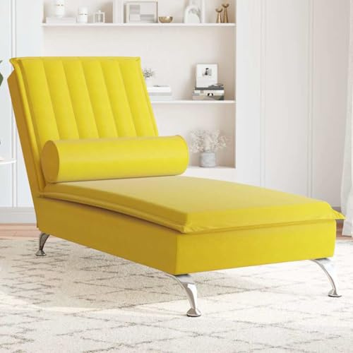 Teenpull Massage-Chaiselongue, Gelb Samt, Vibrationsfunktion Nackenrolle, Bequeme Ruheliege für Wohnzimmer, Max. 110 kg
