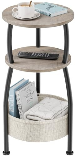 Yuede Round Side Table, 3 Tier Bedside Table, Small End Table with Fabric Basket, Coffee Table for Living Room, Bed Room, Small Space, Easy Assembly, 30 x 61 cm (Gray)