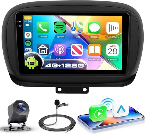 VECHTEL 4G+128G Autoradio Android 15 per FIAT 500X 2014-2020, 9'' In-Cell HD Schermo Tactile co Carplay Android Auto senza Fili, Stereo Auto Supporto GPS Wi-Fi USB Bluetooth Radio FM RDS Retrocamera
