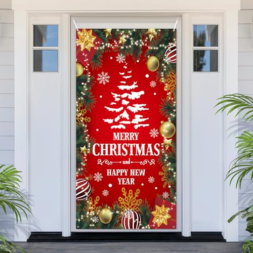 PartyYaa Cartel de Navidad para puerta, Banner de Navidad Decoraciones de Cabina de Fotos, Campanas de Navidad y Guirnalda Letrero de Porche Ornamento de Fiesta para Interior y Exterior (Rojo)