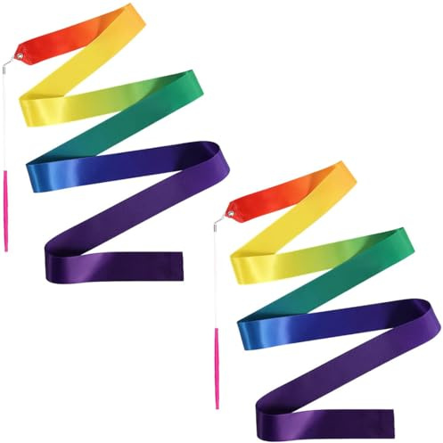 2 Stück Tanzband, Buntes Gymnastik Band mit Stab Gymnastik Farbband Tanzbänder Kinder Regenbogen Band für Schule und Heimspiel, Ideal für Mädchen auf Kindergeburtstag oder Weihnachten