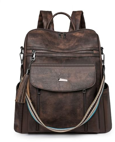 YALIZHNA läder laptopryggsäck för 15,6 tum, mode damer högskola skola ryggsäck, kvinnor axelväska utomhus resa ryggsäck, kaffe, L