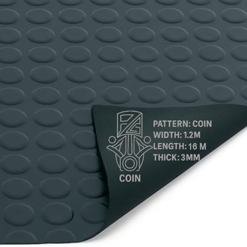 PG Floor Rubber Matting Roll 16m x 1.2m, 20m Black Non Slip Coin Mat, Heavy Duty 3mm Thick Waterproof Flooring for Garage Gym Van Shed
