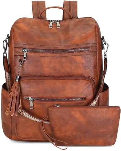 Sheonie Rucksack Damen Groß mit Geldbörse,Veganes Leder Rucksackhandtasche Diebstahlsicher,Wasserdicht Tagesrucksack Damen Elegant Umhängetasche für Uni Büro Reise Pendeln Arbeit, Braun-L