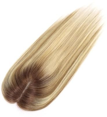 Haartopper Echtes Menschenhaar Für Frauen, Echthaar Oberkopf Haarteil Mit Pony 120% Dichte Seide Basisclip in Topper 14 Zoll 40 Gramm (Brown Highlight Blonde)