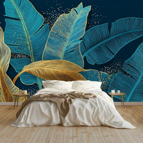 Générique Papier Peint Panoramique Dessins Au Trait Feuille De Bananier Poster Geant Mural 250x175 cm, pour Salon Chambre Chambre D'enfants Restaurant Décoration Murale, Bleu Foncé