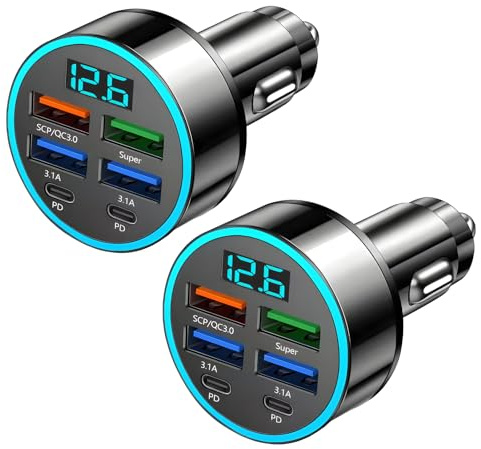 2pcs 66W 12V USB Adapter Auto 6 Ports, USB 3.1 PD Super QC3.0 Zigarettenanzünder USB C Schnellladegerät, Auto USB Adapter mit LED-Voltmeter, Kompakter Car Charger für Smartphones, Tablets