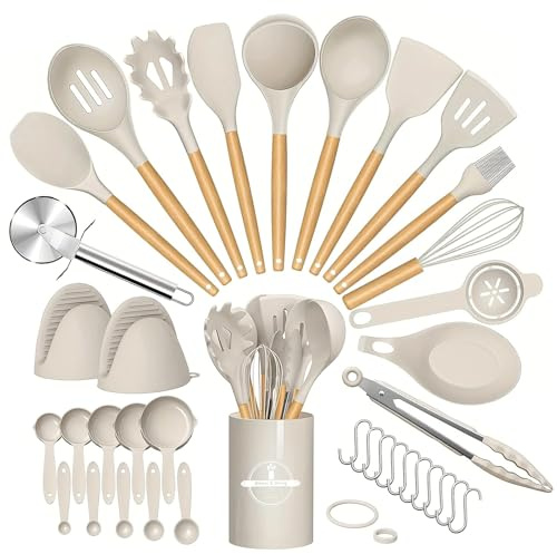 Küchenhelfer Set, 37 Stück Kochutensilien Set, Kochbesteck mit Utensilienhalter, Antihaftbeschichtet Küchenutensilien, Kochset mit Holzgriff Geeignet Für Backen Kochen Mischen (Beige)