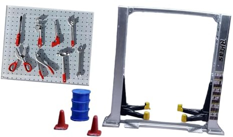 perfeclan Diorama au 1/64 : garage automobile, outils d'entretien, maquette d'architecture, cônes de signalisation réalistes, pont élévateur, atelier de, Pont élévateur Argenté