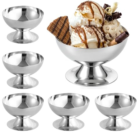 GOMETY 6 stycken glassbägare rostfritt stål 240 ml, Ø 10 cm rostfritt stål dessertskål, dessertskål med fot, glasburkar för glass, frukt, yoghurt, dessert, sallad, pudding för bröllop, fester