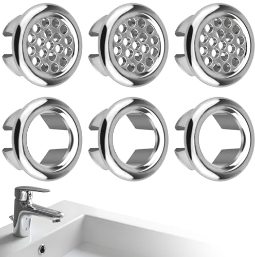 Lunhoo 6 Pack Sink Overflow Cover, Bath Sink Overflow Rings, Basin Trim Ring Round Insert Cap Drain Covers for 20-24mm Hole, Bathroom Kitchen Accessories, Chrome Plated ABS (3 Ring + 3 Mesh)