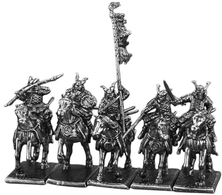 Cubertime Sengoku Cavalry Miniatures 5PCS, Metal Mounted Knight Miniature Set, 28mm D&D Figures with Banner for Warlord Games, Samurai Wargaming