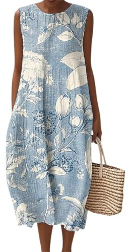 Robe d'été élégante sans manches à col rond en mousseline de soie - Robe de plage légère et aérée - Robe d'été plissée à motif floral - Robe midi bohème avec poches - Robe de loisirs