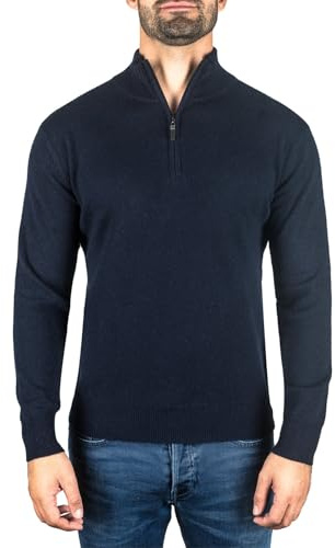 CASH-MERE.CH Pull | Chandail pour Hommes avec Un Col Montant À Fermeture Éclair 100% Cachemire (Bleu/Bleu Marine, S)