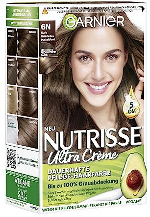 Garnier Nutrisse Dauerhafte Pflege-Haarfarbe mit nährenden Fruchtölen, Coloration mit 8 Wochen Halt, Ultra Crème Tönung, 6N Nude Natürliches Dunkelblond