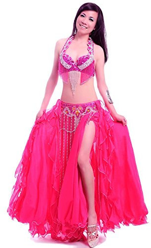 ROYAL SMEELA Bauchtanz-Kostüm-Set für Damen, Bauchtanz-BH und Gürtel, Chiffon, Tanzröcke, professionelles Outfit, 3-teilig, Knallpink (Hot Pink), X-Groß
