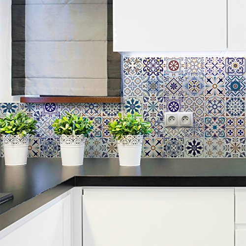 30 Stickers adhésifs carrelages | Sticker Autocollant Carreaux de ciment - Mosaïque carrelage mural salle de bain et cuisine | Carreaux de ciment adhésif mural - azulejos - 20 x 20 cm - 30 pièces