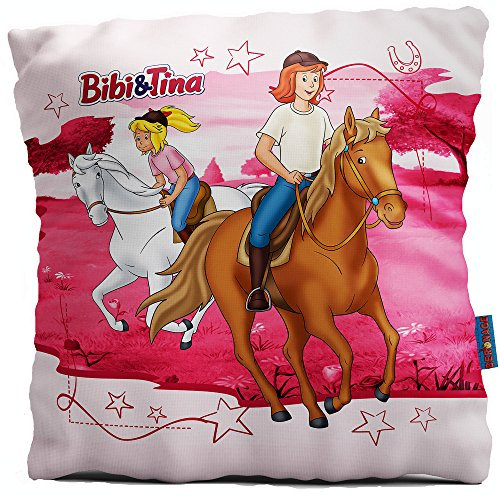 Bibi und Tina Kissen Reiter 40 x 40 cm Schmusekissen Autokissen Kuschelkissen Zierkissen Kopfkissen Polster Bibi Blocksberg Tina Martin Pferde Sabrina Amadeus Reiterhof passend zur Bettwäsche