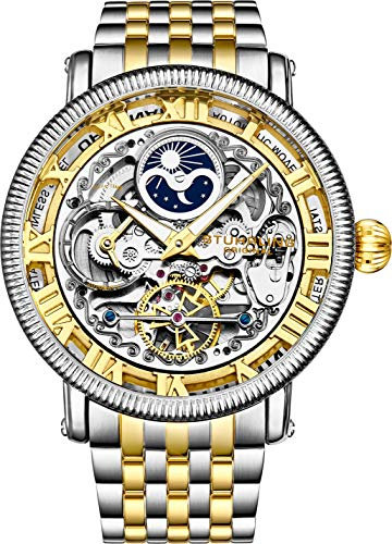Stührling Original Herren Automatikuhr Skelett Uhr Analog Zifferblatt Silber Akzente Dual Time AM/PM Sun Moon Edelstahl Armband 3922 Uhren für Herren Kollektion Yellow Gold/Silver